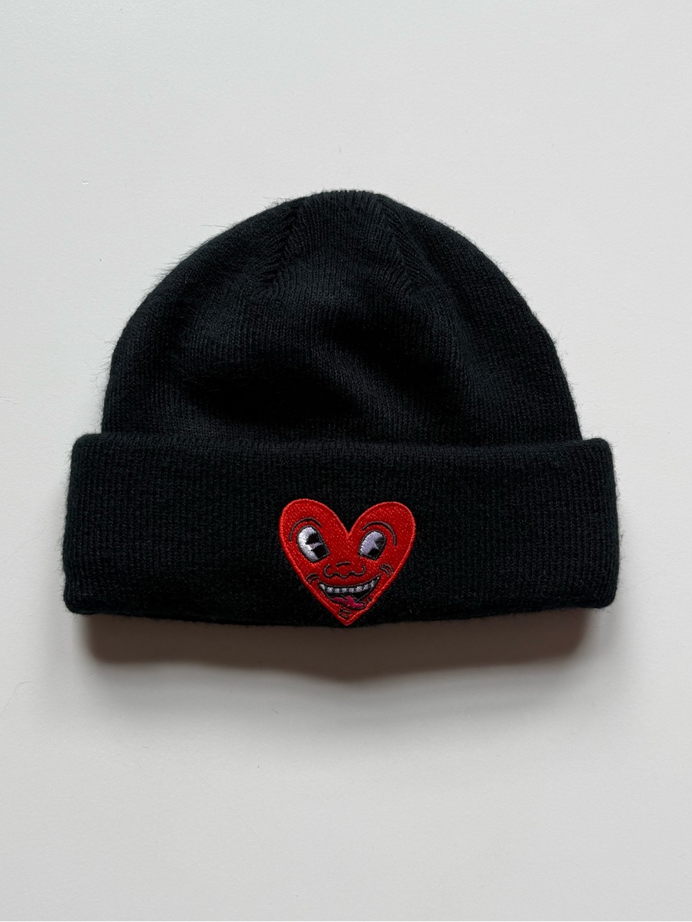 Keith Haring Smiling Heart Black Embroidered Trawler / Fisherman Beanie Hat -O/S